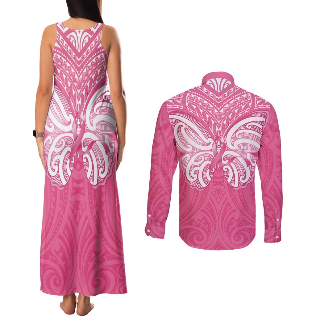 New Zealand Breast Cancer Awareness Couples Matching Tank Maxi Dress and Long Sleeve Button Shirt Maori Butterfly Pink Ribbon - Aussie Hoodie