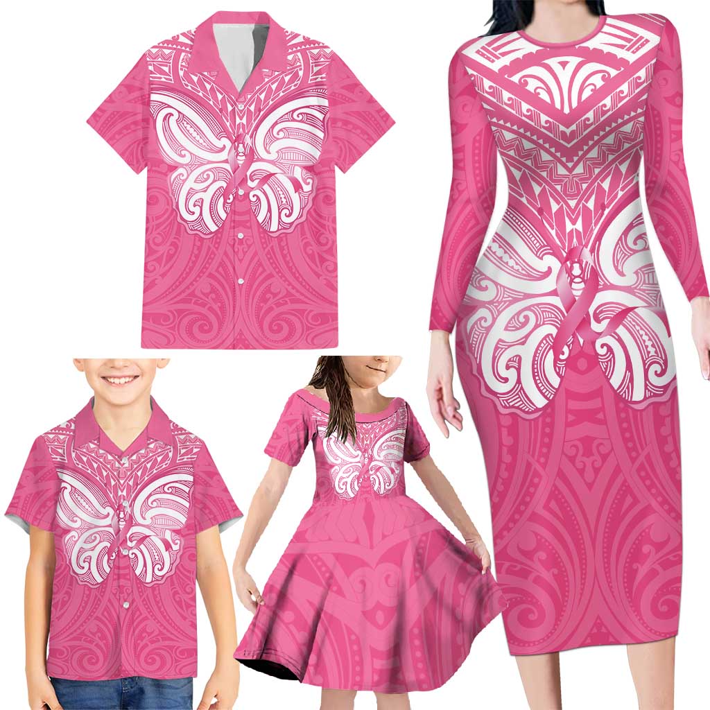 New Zealand Breast Cancer Awareness Family Matching Long Sleeve Bodycon Dress and Hawaiian Shirt Maori Butterfly Pink Ribbon - Aussie Hoodie