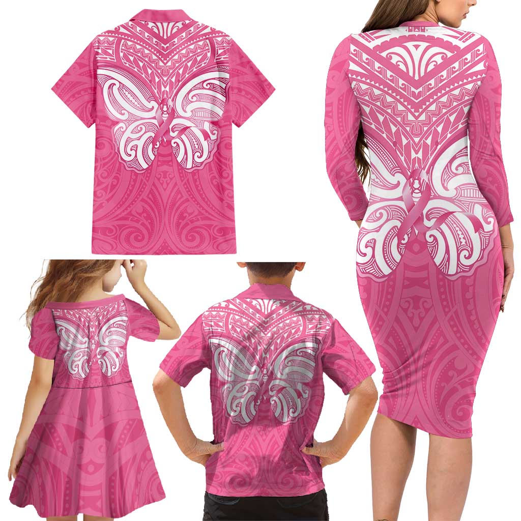 New Zealand Breast Cancer Awareness Family Matching Long Sleeve Bodycon Dress and Hawaiian Shirt Maori Butterfly Pink Ribbon - Aussie Hoodie