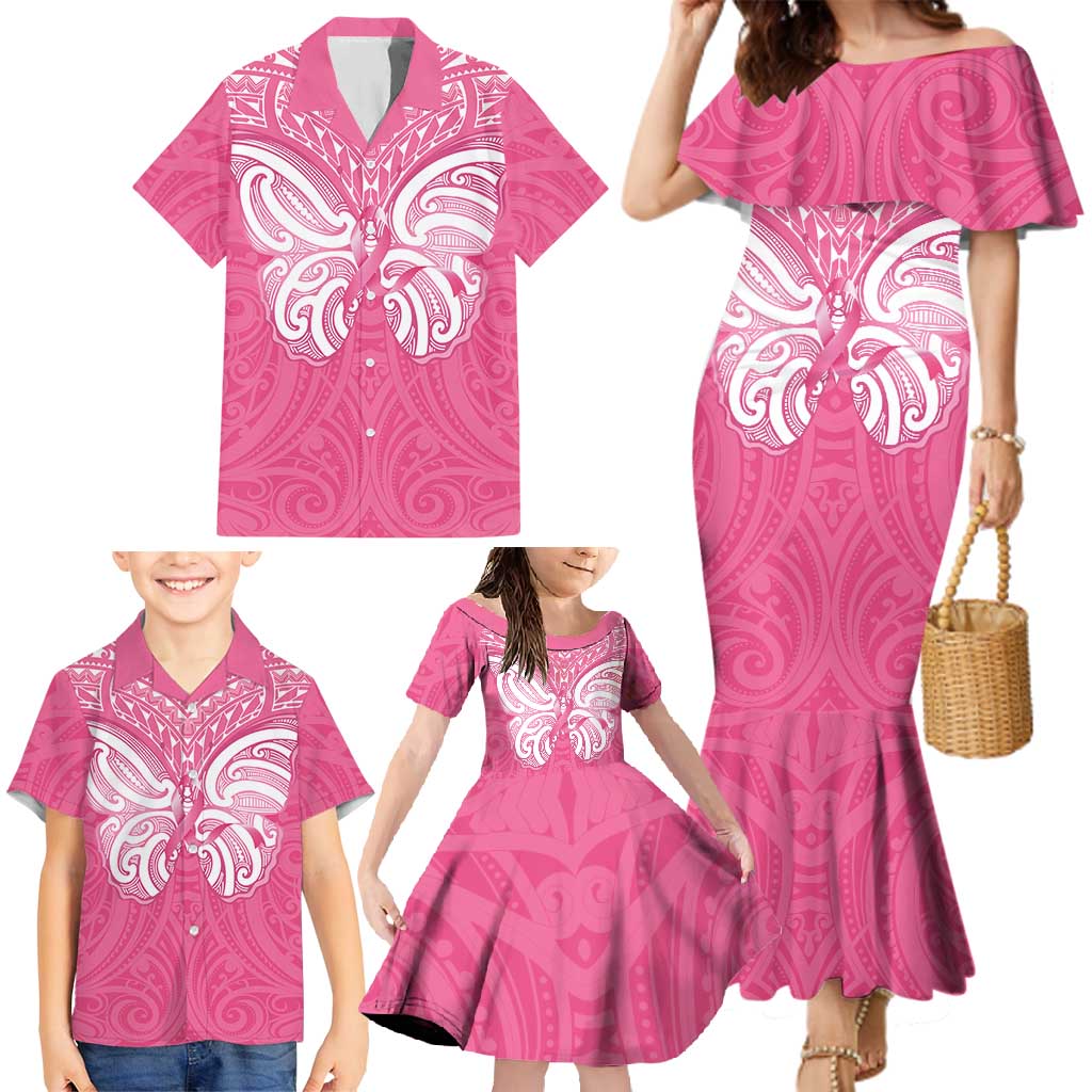 New Zealand Breast Cancer Awareness Family Matching Mermaid Dress and Hawaiian Shirt Maori Butterfly Pink Ribbon - Aussie Hoodie