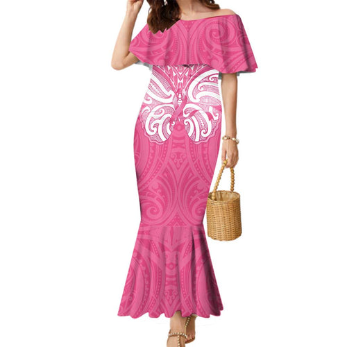 New Zealand Breast Cancer Awareness Family Matching Mermaid Dress and Hawaiian Shirt Maori Butterfly Pink Ribbon - Aussie Hoodie