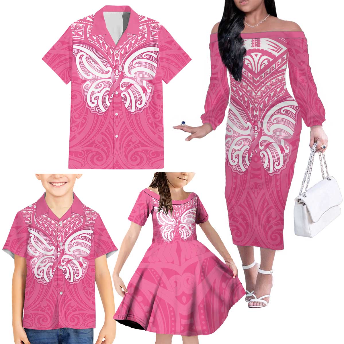 New Zealand Breast Cancer Awareness Family Matching Off The Shoulder Long Sleeve Dress and Hawaiian Shirt Maori Butterfly Pink Ribbon - Aussie Hoodie