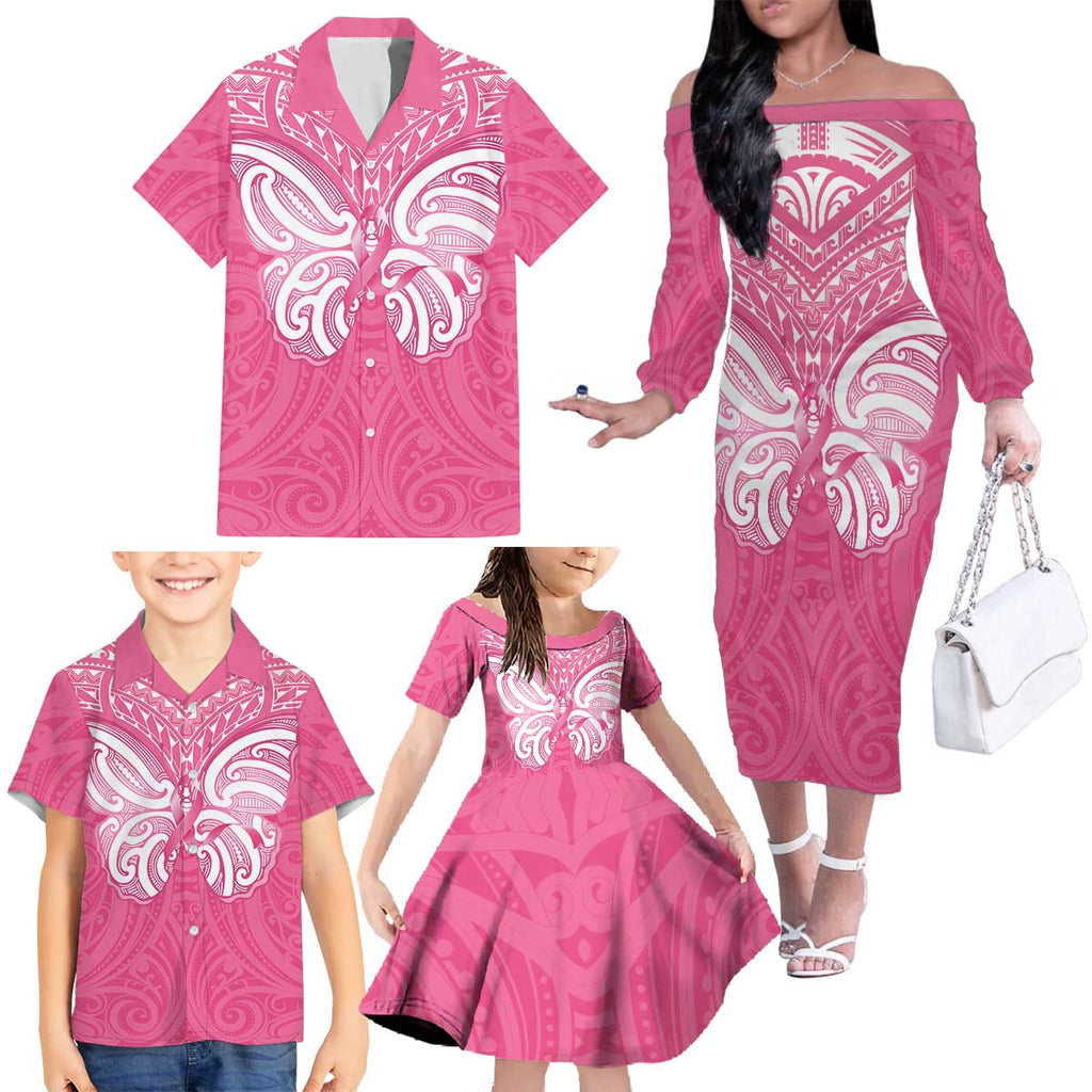 New Zealand Breast Cancer Awareness Family Matching Off The Shoulder Long Sleeve Dress and Hawaiian Shirt Maori Butterfly Pink Ribbon - Aussie Hoodie