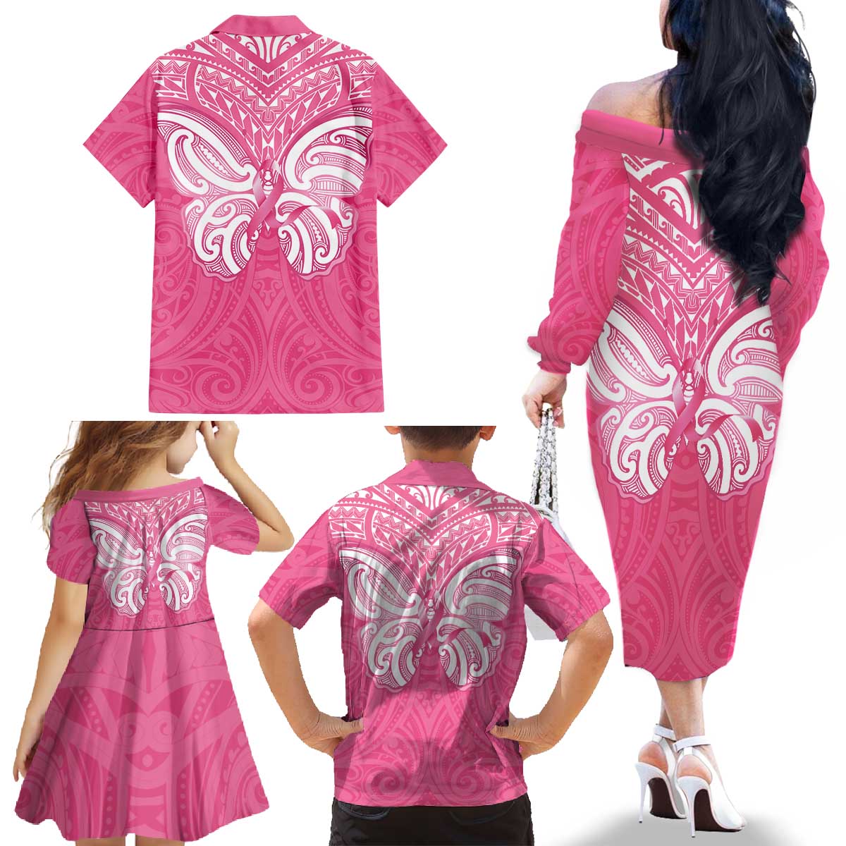 New Zealand Breast Cancer Awareness Family Matching Off The Shoulder Long Sleeve Dress and Hawaiian Shirt Maori Butterfly Pink Ribbon - Aussie Hoodie