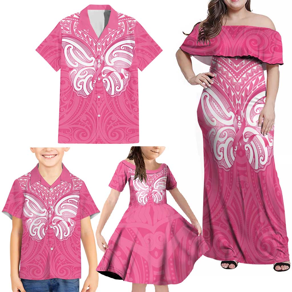New Zealand Breast Cancer Awareness Family Matching Off Shoulder Maxi Dress and Hawaiian Shirt Maori Butterfly Pink Ribbon - Aussie Hoodie