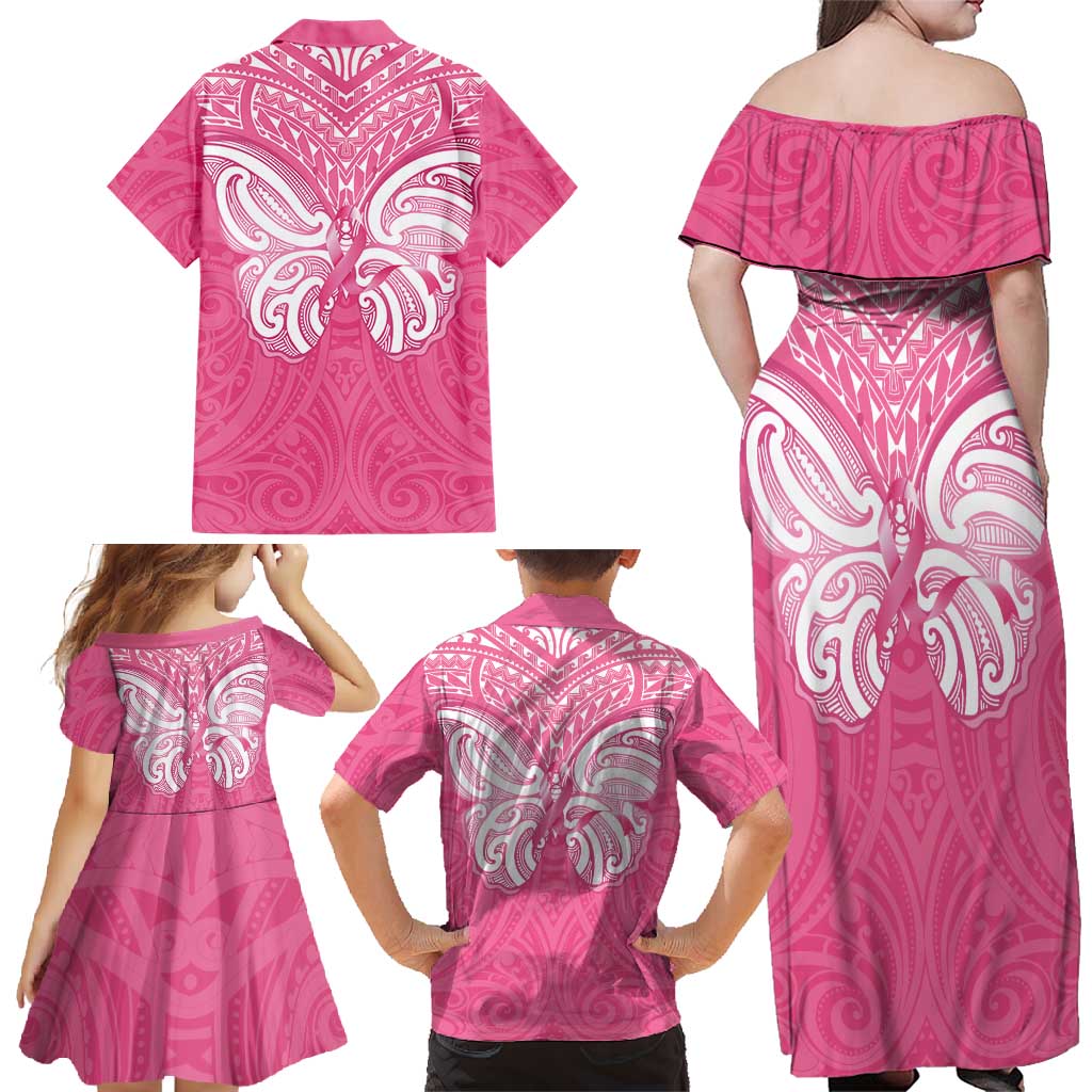 New Zealand Breast Cancer Awareness Family Matching Off Shoulder Maxi Dress and Hawaiian Shirt Maori Butterfly Pink Ribbon - Aussie Hoodie