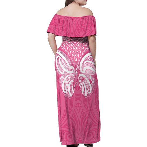 New Zealand Breast Cancer Awareness Family Matching Off Shoulder Maxi Dress and Hawaiian Shirt Maori Butterfly Pink Ribbon - Aussie Hoodie
