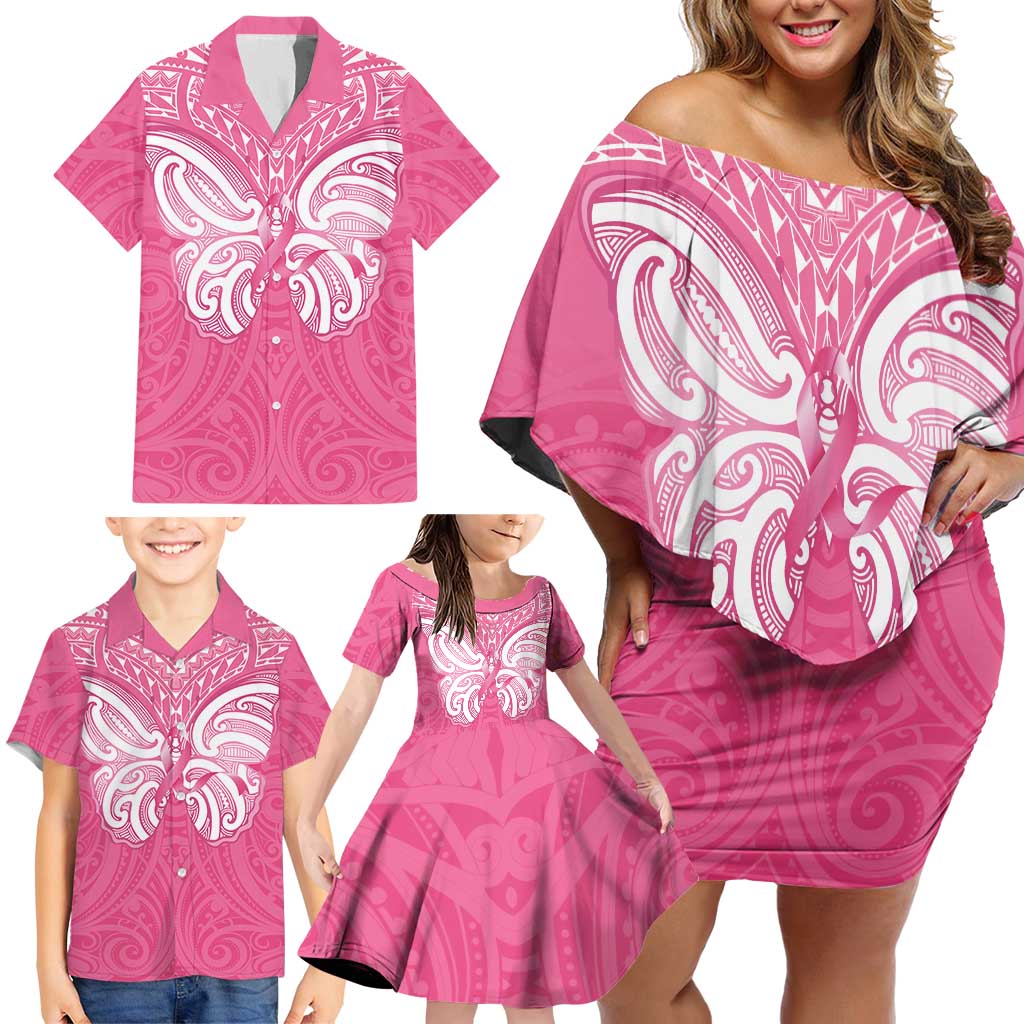 New Zealand Breast Cancer Awareness Family Matching Off Shoulder Short Dress and Hawaiian Shirt Maori Butterfly Pink Ribbon - Aussie Hoodie