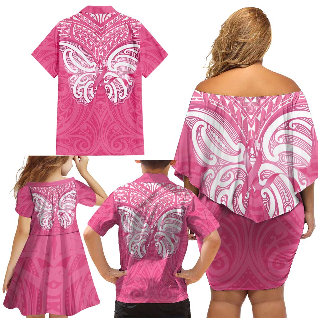 New Zealand Breast Cancer Awareness Family Matching Off Shoulder Short Dress and Hawaiian Shirt Maori Butterfly Pink Ribbon - Aussie Hoodie