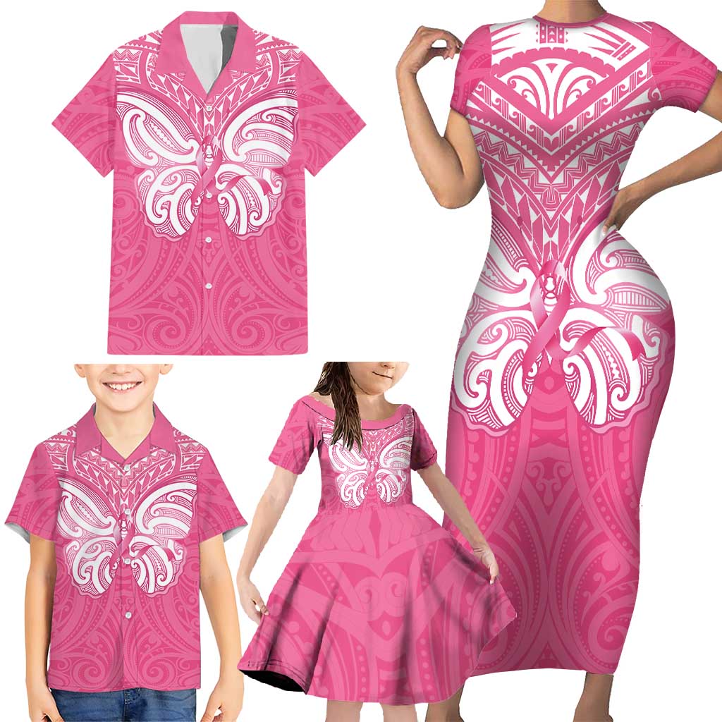 New Zealand Breast Cancer Awareness Family Matching Short Sleeve Bodycon Dress and Hawaiian Shirt Maori Butterfly Pink Ribbon - Aussie Hoodie