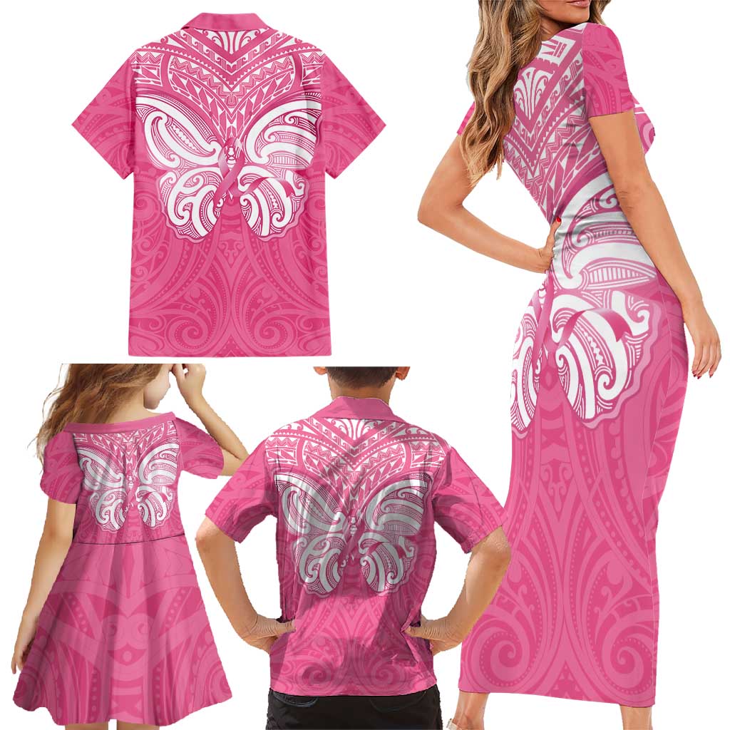 New Zealand Breast Cancer Awareness Family Matching Short Sleeve Bodycon Dress and Hawaiian Shirt Maori Butterfly Pink Ribbon - Aussie Hoodie
