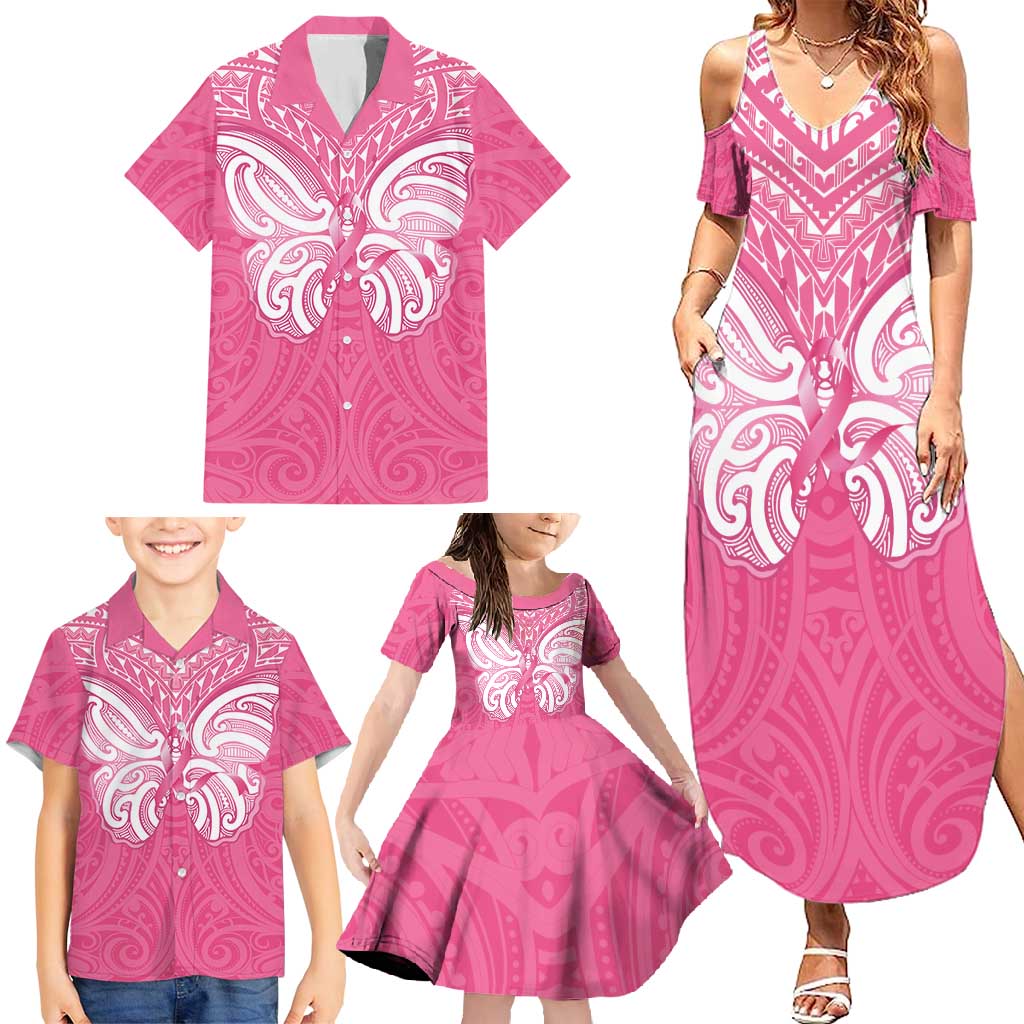 New Zealand Breast Cancer Awareness Family Matching Summer Maxi Dress and Hawaiian Shirt Maori Butterfly Pink Ribbon - Aussie Hoodie