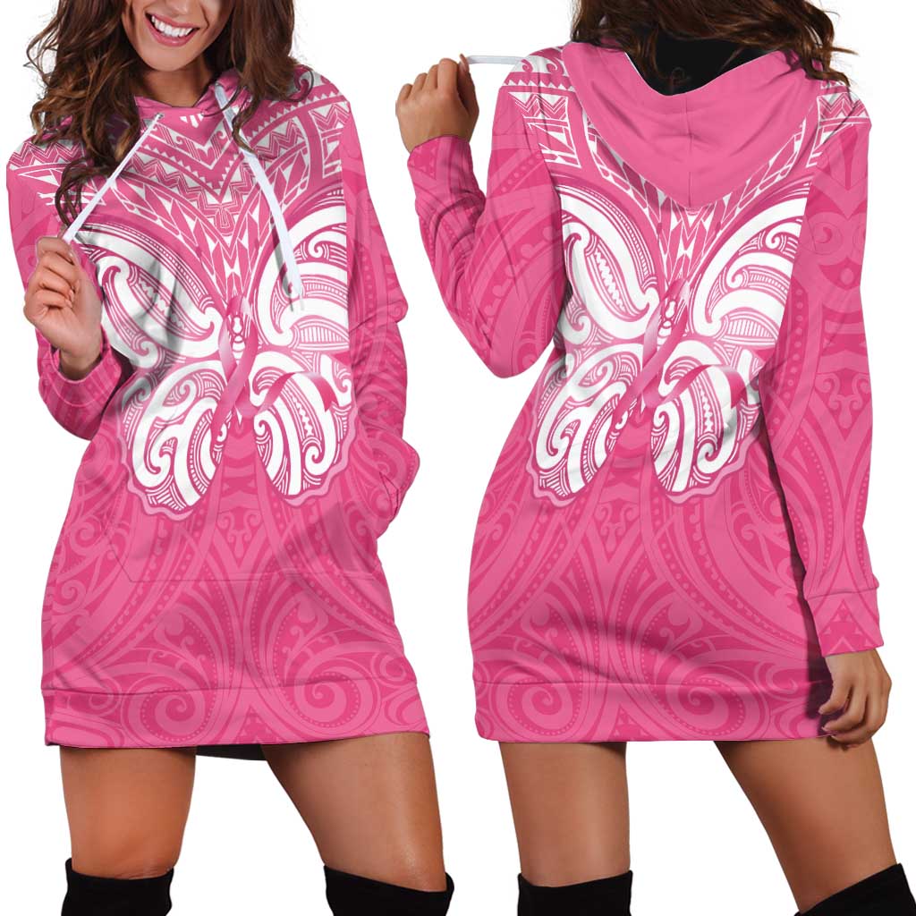 New Zealand Breast Cancer Awareness Hoodie Dress Maori Butterfly Pink Ribbon - Aussie Hoodie