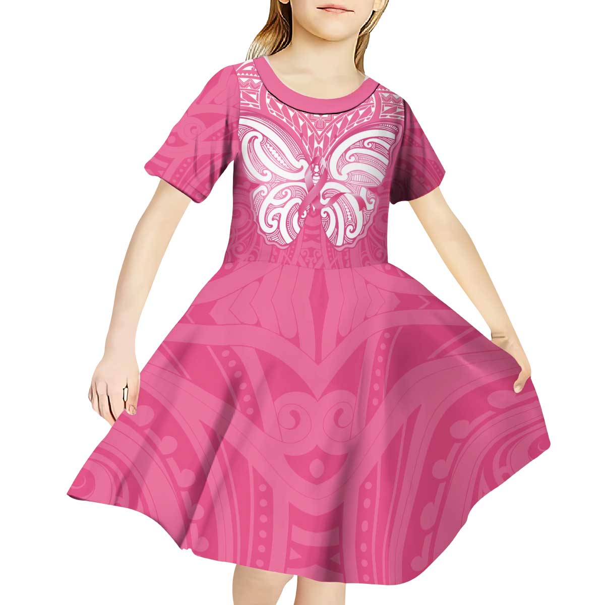 New Zealand Breast Cancer Awareness Kid Short Sleeve Dress Maori Butterfly Pink Ribbon - Aussie Hoodie