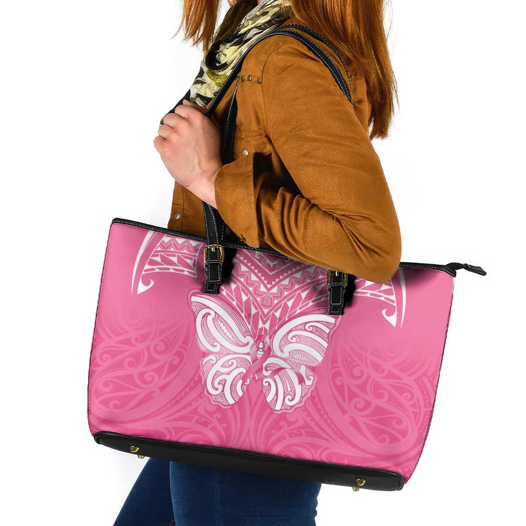 New Zealand Breast Cancer Awareness Leather Tote Bag Maori Butterfly Pink Ribbon - Aussie Hoodie