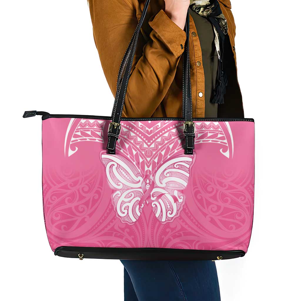 New Zealand Breast Cancer Awareness Leather Tote Bag Maori Butterfly Pink Ribbon - Aussie Hoodie