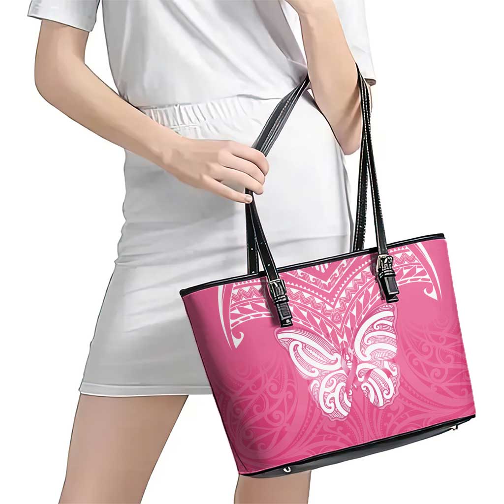 New Zealand Breast Cancer Awareness Leather Tote Bag Maori Butterfly Pink Ribbon - Aussie Hoodie