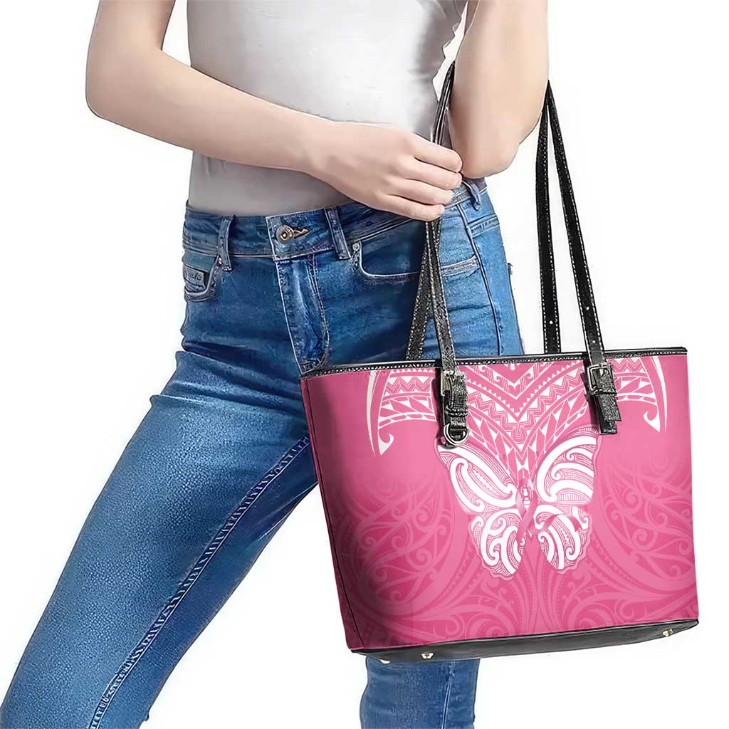 New Zealand Breast Cancer Awareness Leather Tote Bag Maori Butterfly Pink Ribbon - Aussie Hoodie
