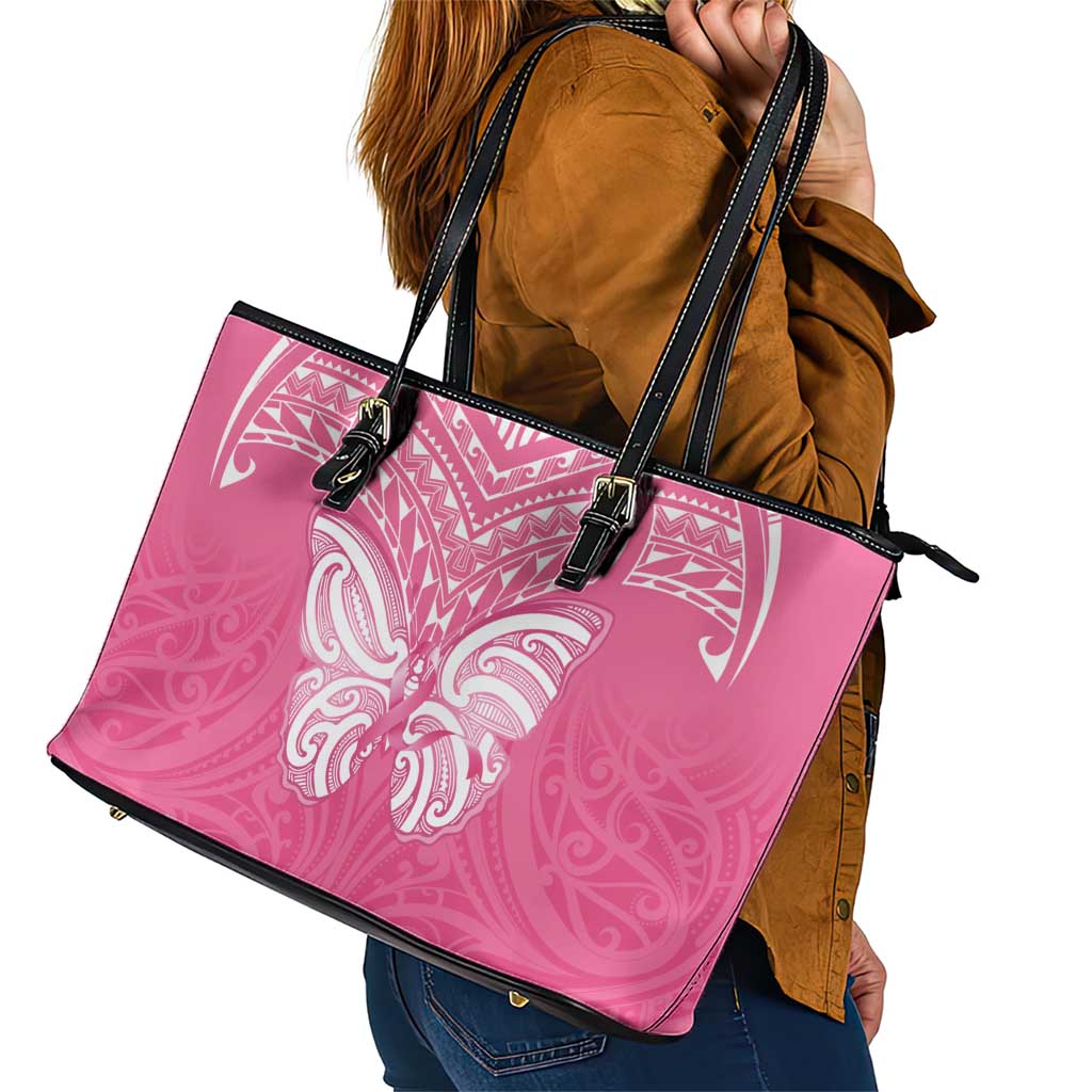New Zealand Breast Cancer Awareness Leather Tote Bag Maori Butterfly Pink Ribbon - Aussie Hoodie