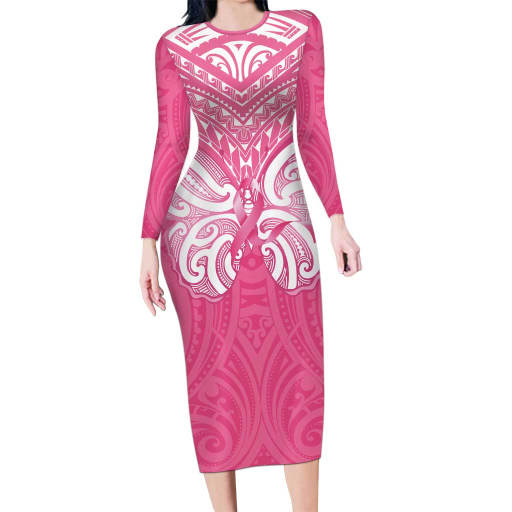 New Zealand Breast Cancer Awareness Long Sleeve Bodycon Dress Maori Butterfly Pink Ribbon - Aussie Hoodie