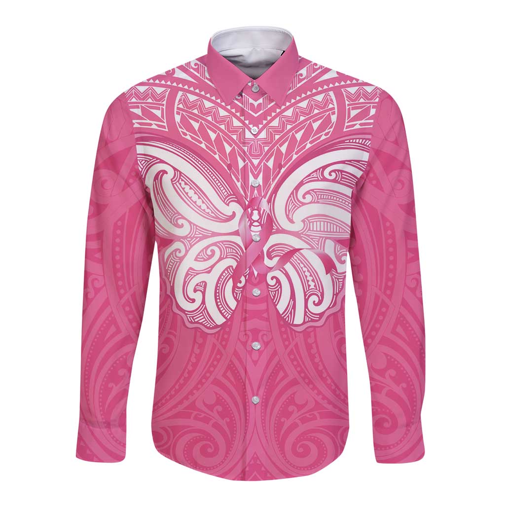 New Zealand Breast Cancer Awareness Long Sleeve Button Shirt Maori Butterfly Pink Ribbon - Aussie Hoodie