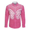 New Zealand Breast Cancer Awareness Long Sleeve Button Shirt Maori Butterfly Pink Ribbon - Aussie Hoodie