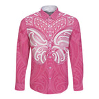New Zealand Breast Cancer Awareness Long Sleeve Button Shirt Maori Butterfly Pink Ribbon - Aussie Hoodie