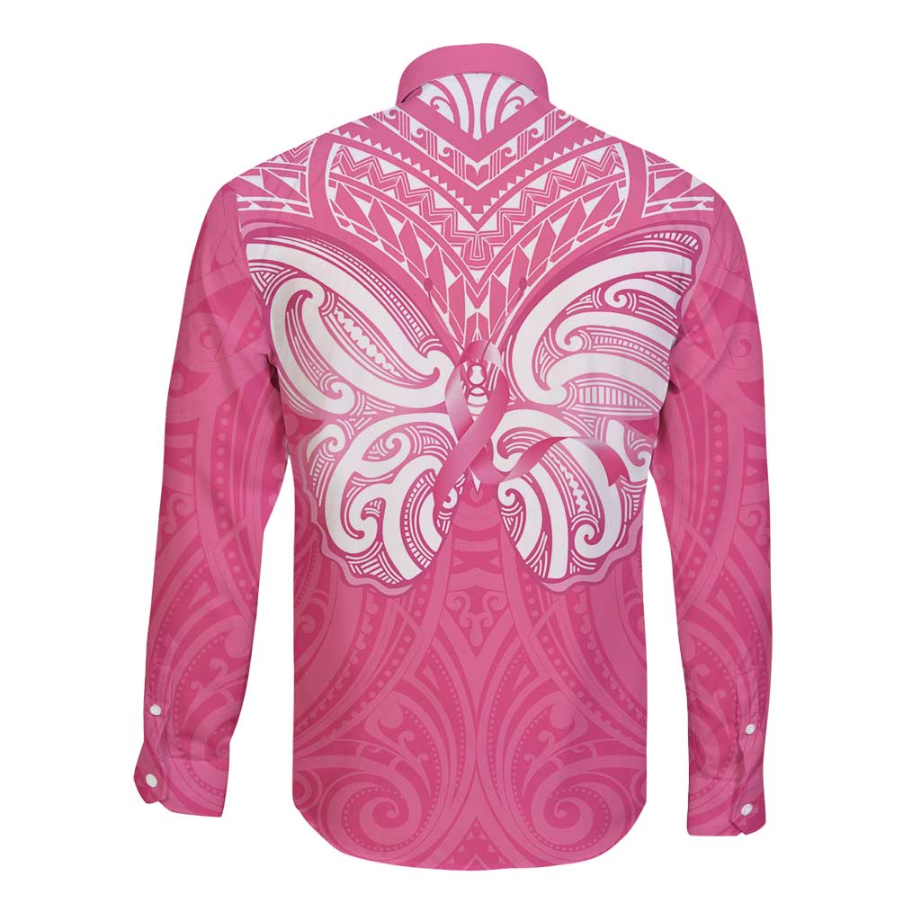 New Zealand Breast Cancer Awareness Long Sleeve Button Shirt Maori Butterfly Pink Ribbon - Aussie Hoodie