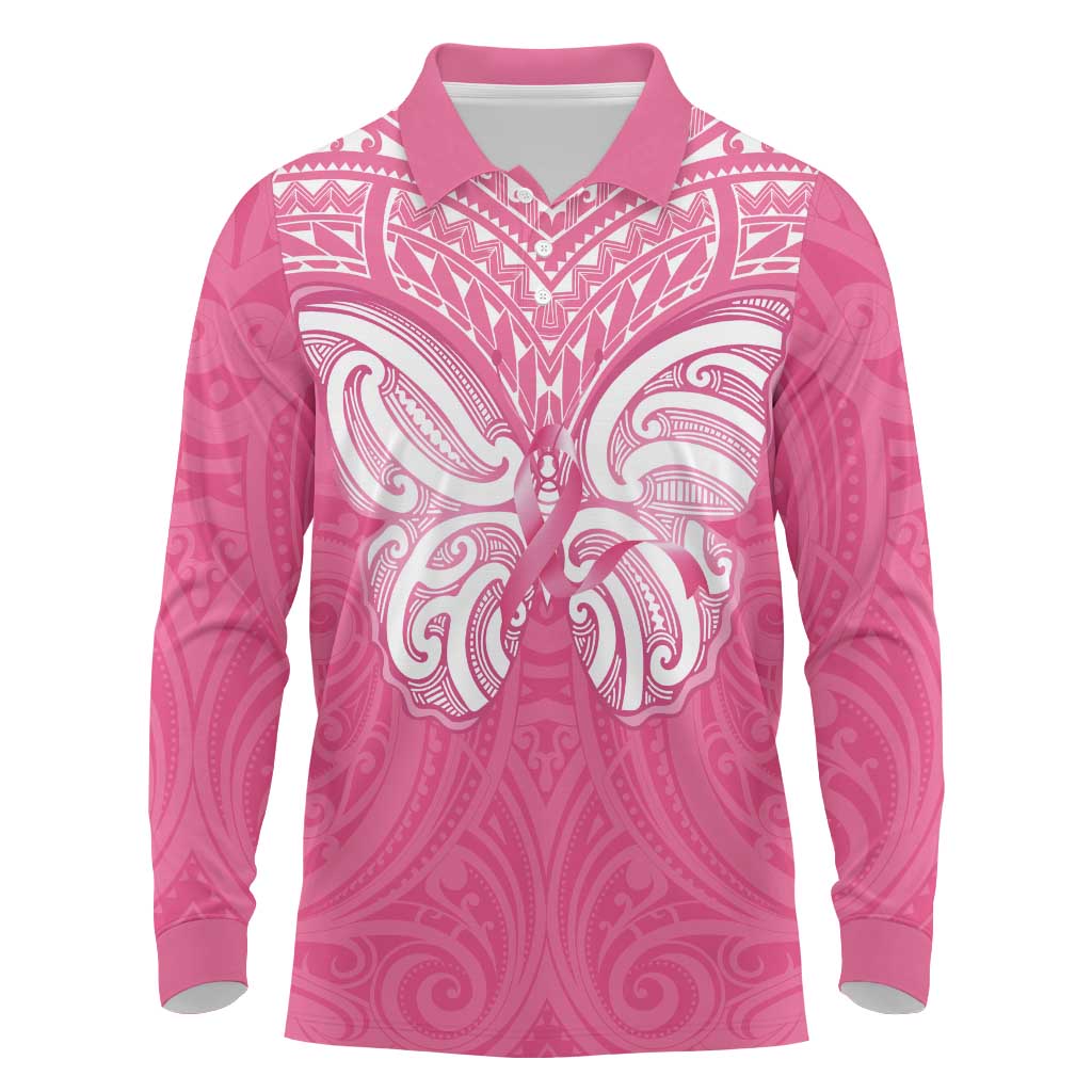 New Zealand Breast Cancer Awareness Long Sleeve Polo Shirt Maori Butterfly Pink Ribbon - Aussie Hoodie