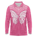 New Zealand Breast Cancer Awareness Long Sleeve Polo Shirt Maori Butterfly Pink Ribbon - Aussie Hoodie
