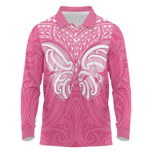 New Zealand Breast Cancer Awareness Long Sleeve Polo Shirt Maori Butterfly Pink Ribbon - Aussie Hoodie