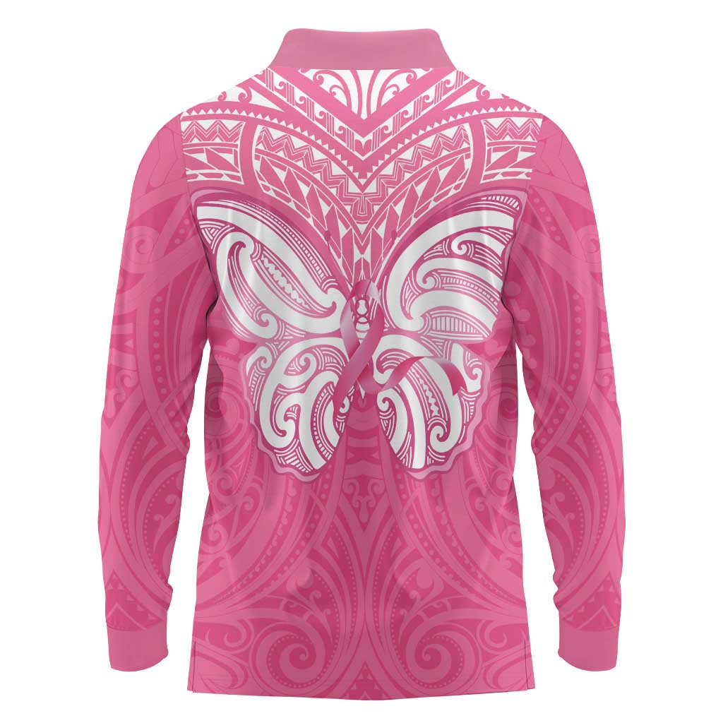New Zealand Breast Cancer Awareness Long Sleeve Polo Shirt Maori Butterfly Pink Ribbon - Aussie Hoodie