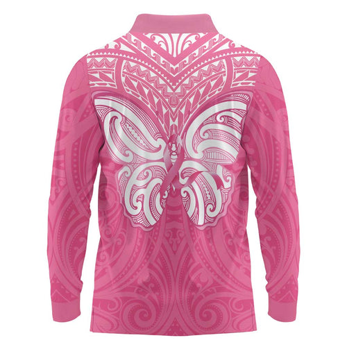 New Zealand Breast Cancer Awareness Long Sleeve Polo Shirt Maori Butterfly Pink Ribbon - Aussie Hoodie