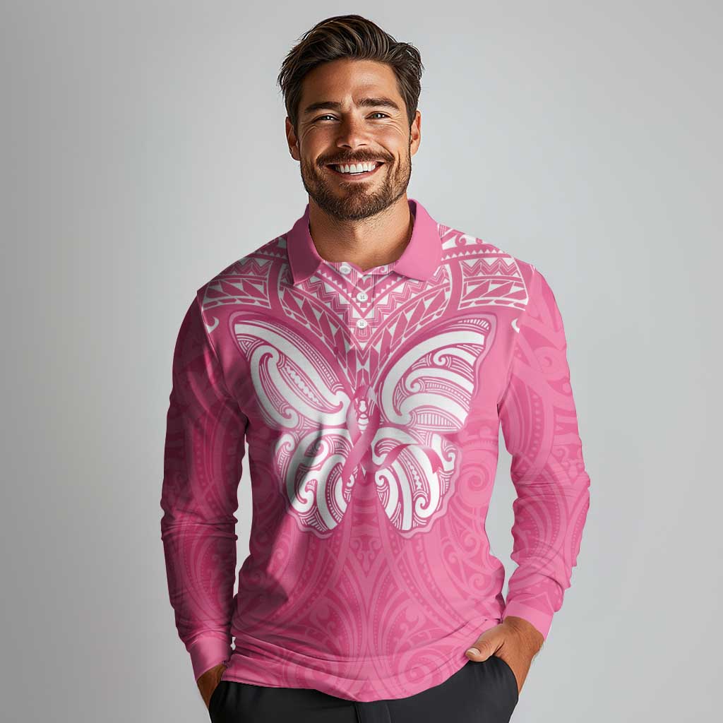 New Zealand Breast Cancer Awareness Long Sleeve Polo Shirt Maori Butterfly Pink Ribbon - Aussie Hoodie