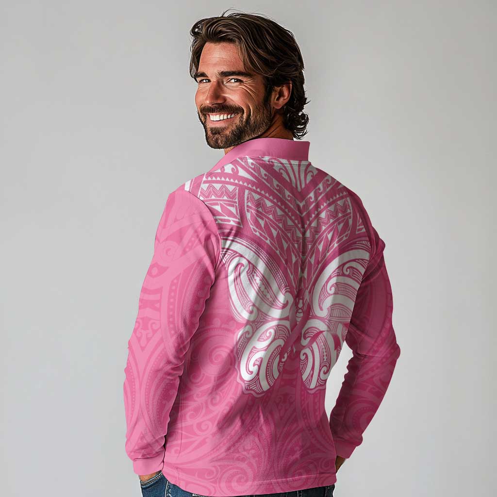 New Zealand Breast Cancer Awareness Long Sleeve Polo Shirt Maori Butterfly Pink Ribbon - Aussie Hoodie
