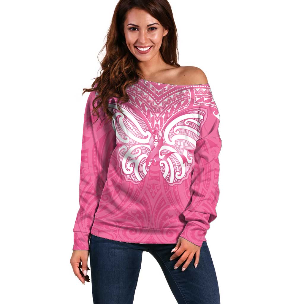 New Zealand Breast Cancer Awareness Off Shoulder Sweater Maori Butterfly Pink Ribbon - Aussie Hoodie