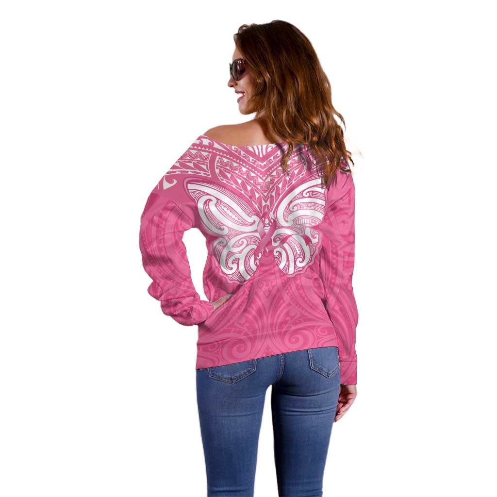 New Zealand Breast Cancer Awareness Off Shoulder Sweater Maori Butterfly Pink Ribbon - Aussie Hoodie