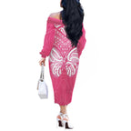 New Zealand Breast Cancer Awareness Off The Shoulder Long Sleeve Dress Maori Butterfly Pink Ribbon - Aussie Hoodie