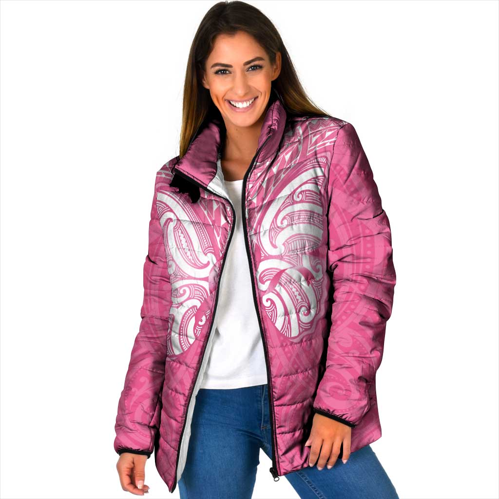 New Zealand Breast Cancer Awareness Padded Jacket Maori Butterfly Pink Ribbon - Aussie Hoodie