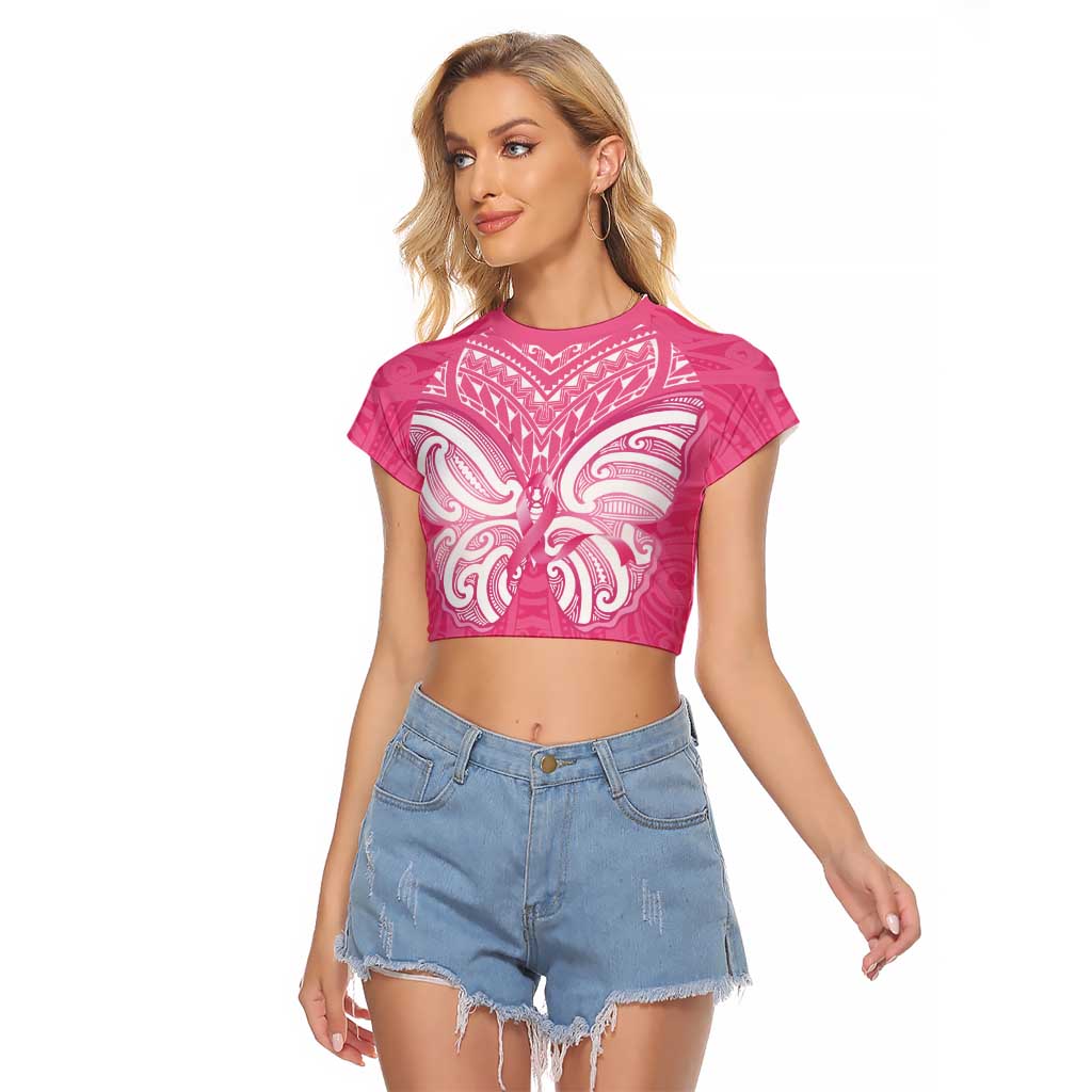New Zealand Breast Cancer Awareness Raglan Cropped T Shirt Maori Butterfly Pink Ribbon - Aussie Hoodie