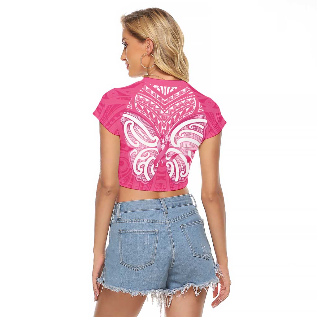 New Zealand Breast Cancer Awareness Raglan Cropped T Shirt Maori Butterfly Pink Ribbon - Aussie Hoodie