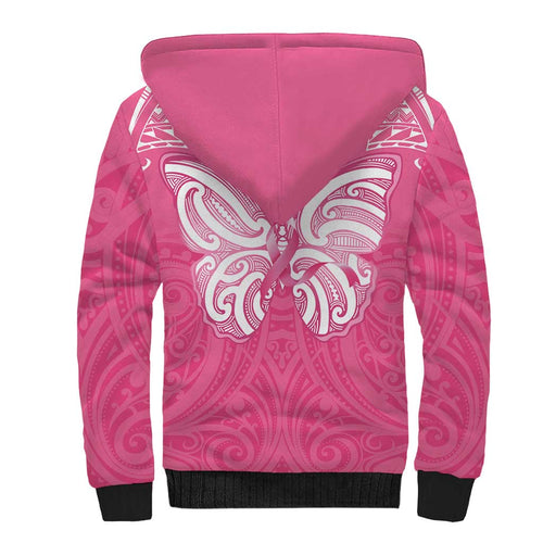 New Zealand Breast Cancer Awareness Sherpa Hoodie Maori Butterfly Pink Ribbon - Aussie Hoodie