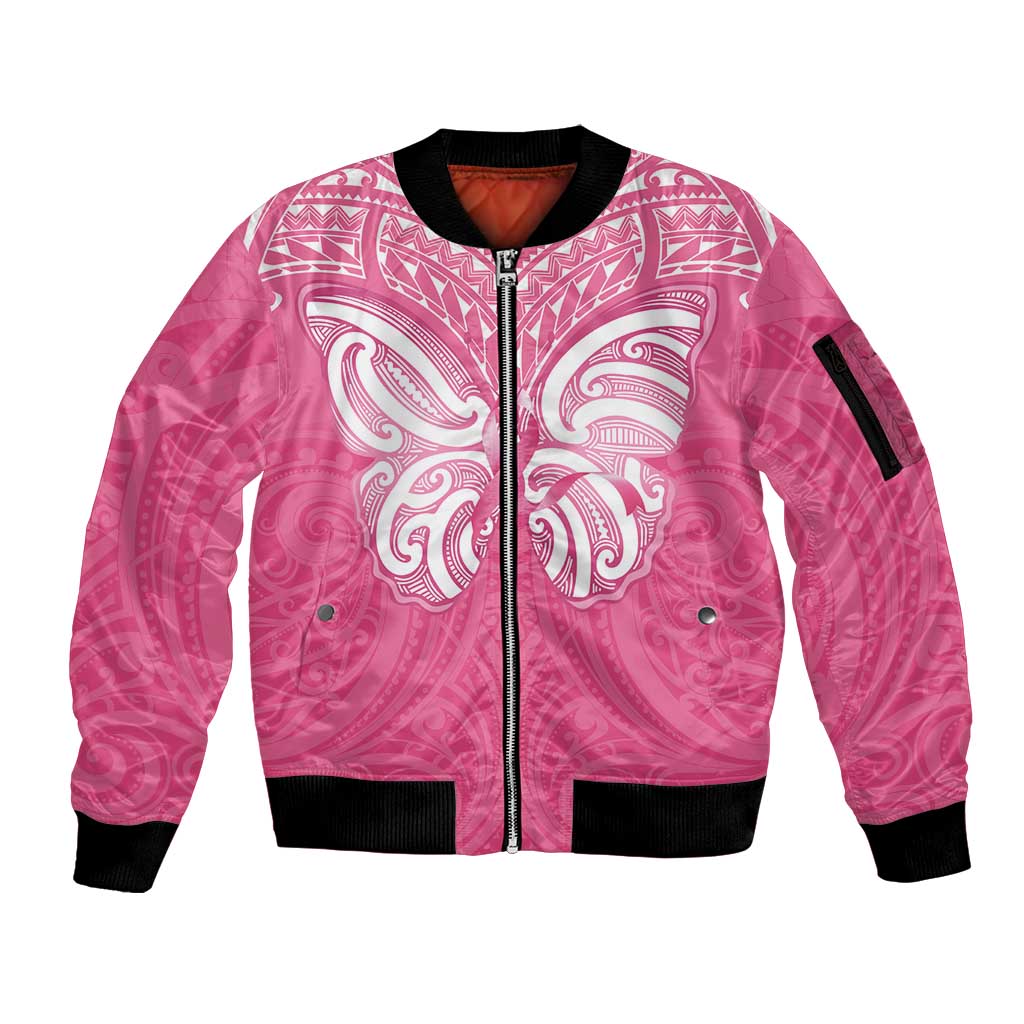 New Zealand Breast Cancer Awareness Sleeve Zip Bomber Jacket Maori Butterfly Pink Ribbon - Aussie Hoodie