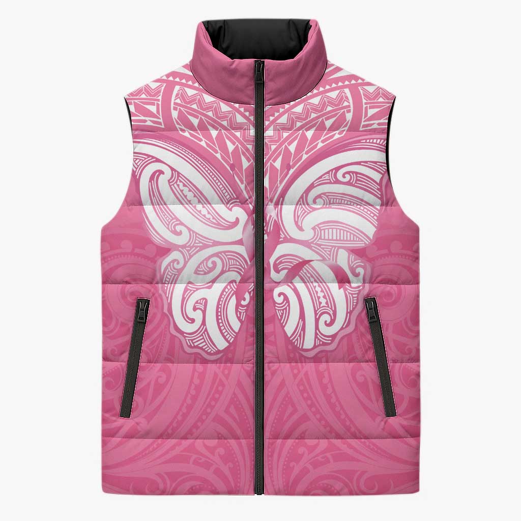 New Zealand Breast Cancer Awareness Sleeveless Puffer Jacket Maori Butterfly Pink Ribbon - Aussie Hoodie