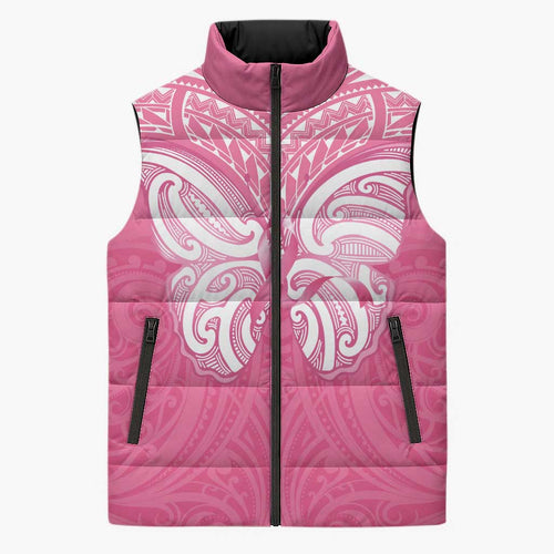 New Zealand Breast Cancer Awareness Sleeveless Puffer Jacket Maori Butterfly Pink Ribbon - Aussie Hoodie