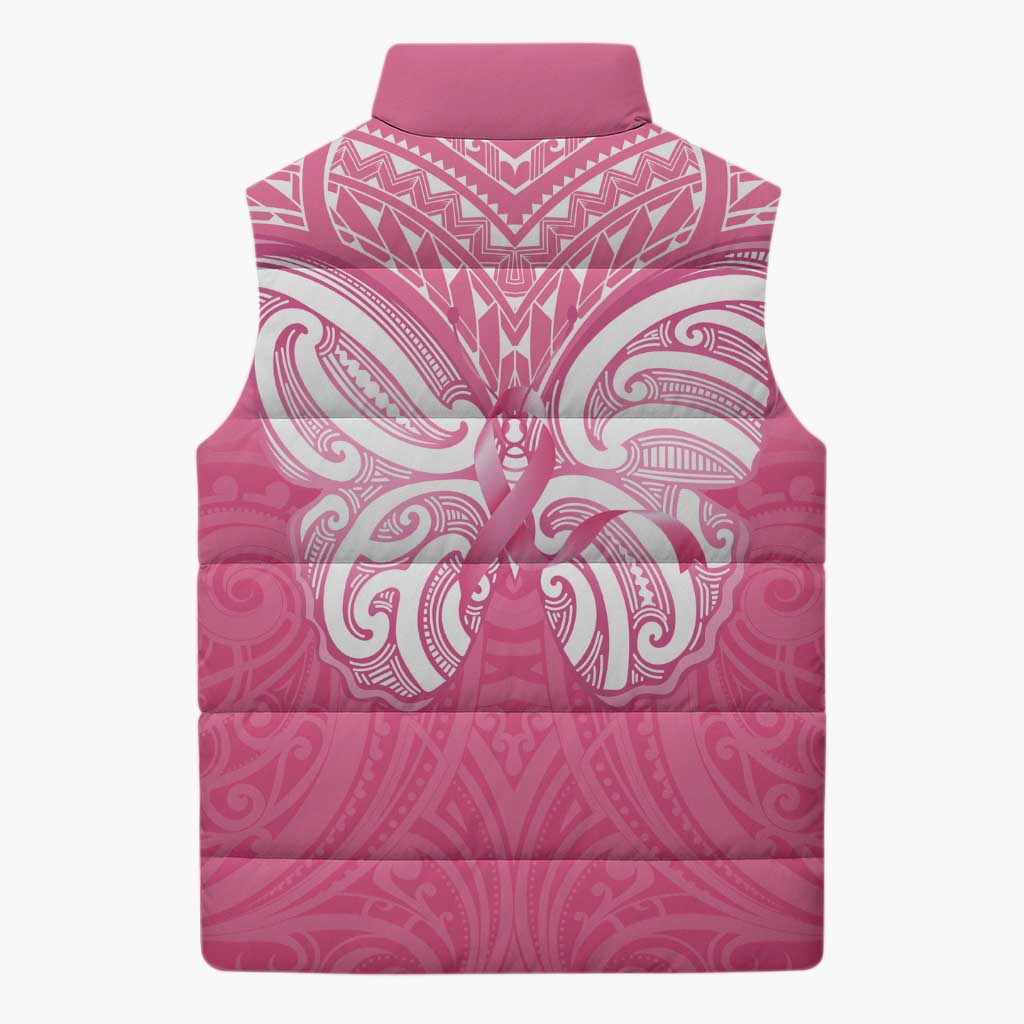 New Zealand Breast Cancer Awareness Sleeveless Puffer Jacket Maori Butterfly Pink Ribbon - Aussie Hoodie