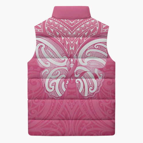 New Zealand Breast Cancer Awareness Sleeveless Puffer Jacket Maori Butterfly Pink Ribbon - Aussie Hoodie