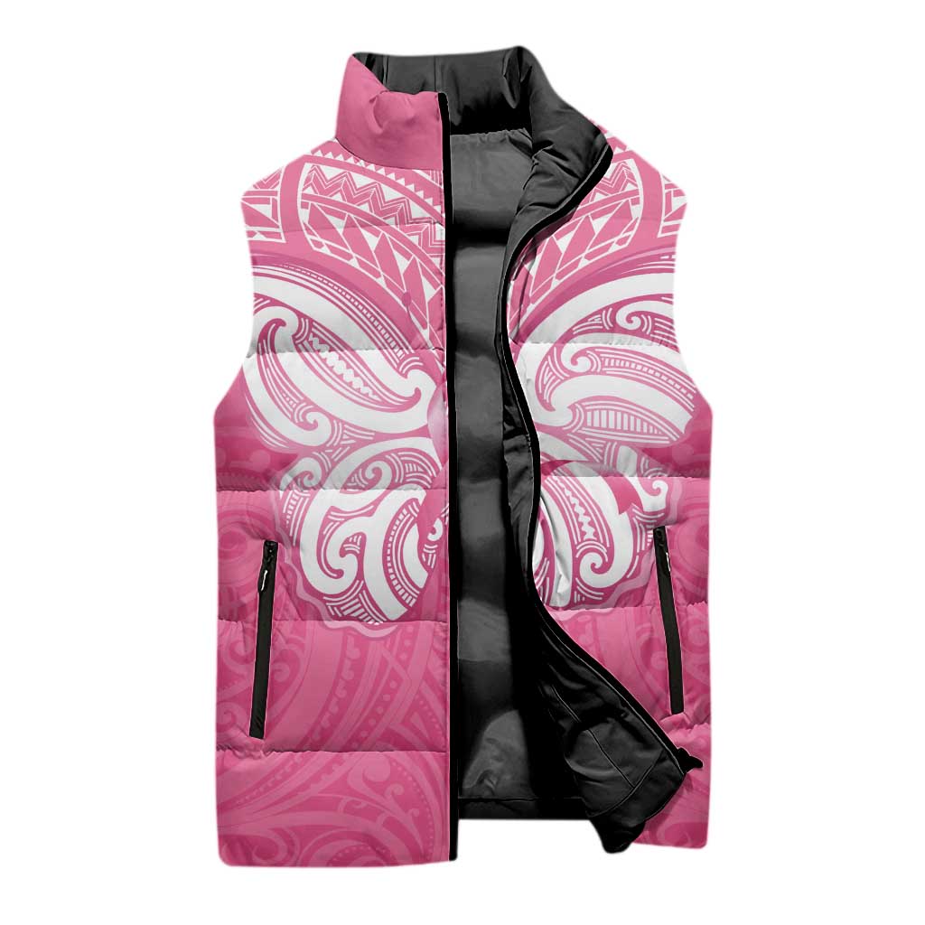 New Zealand Breast Cancer Awareness Sleeveless Puffer Jacket Maori Butterfly Pink Ribbon - Aussie Hoodie