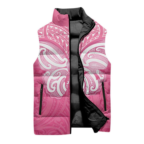 New Zealand Breast Cancer Awareness Sleeveless Puffer Jacket Maori Butterfly Pink Ribbon - Aussie Hoodie