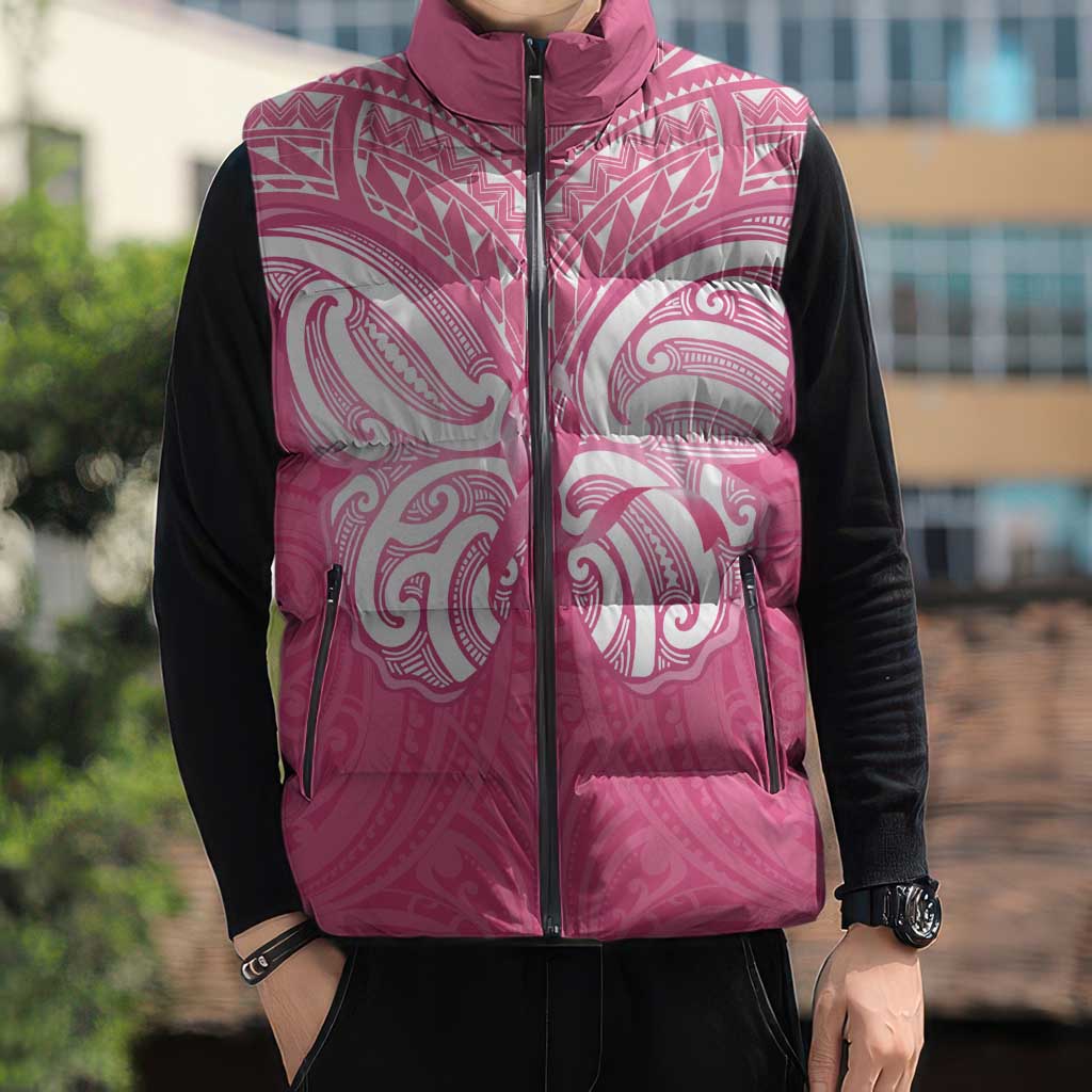 New Zealand Breast Cancer Awareness Sleeveless Puffer Jacket Maori Butterfly Pink Ribbon - Aussie Hoodie